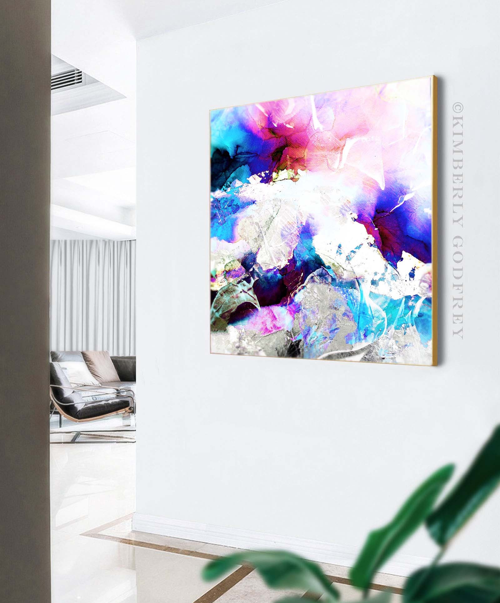 Cobalt Blue Abstract Art Print, Large Embellished Painting, Modern