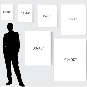May include: A comparison of different sizes of canvas prints, ranging from 8x10 inches to 40x50 inches. The sizes are displayed on white canvases with black text.