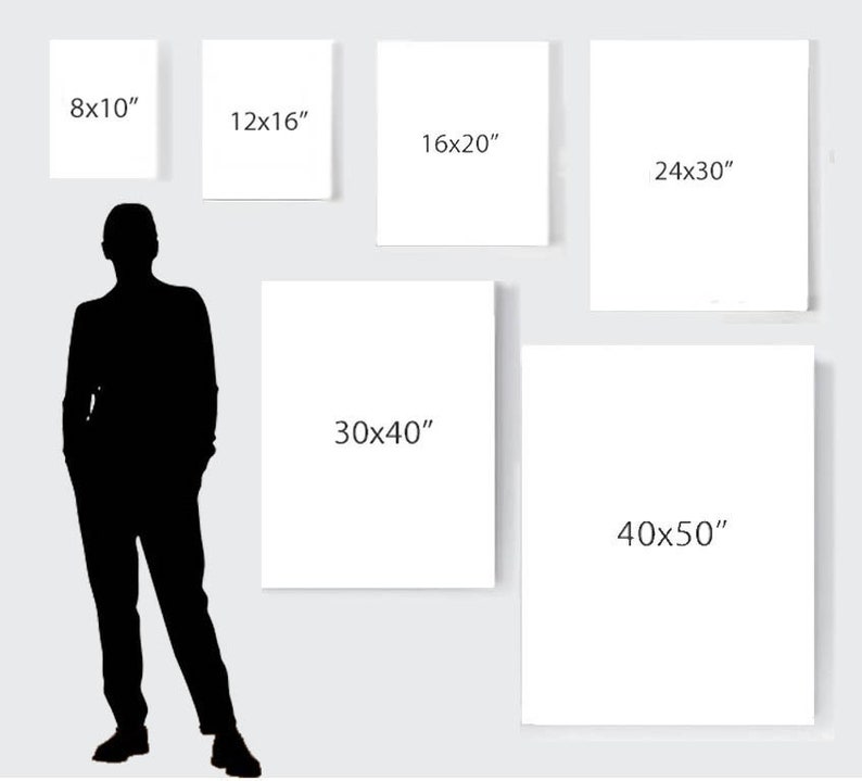 May include: A comparison of different sizes of canvas prints, ranging from 8x10 inches to 40x50 inches. The sizes are displayed on white canvases with black text.
