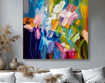 Indigo Blue Floral Abstract Fine Art Print, Bright Blue Wall Art, Teal Green Decor, Light Pink  Accents, UK artist