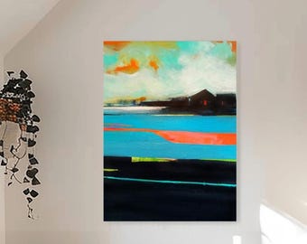 Abstract Painting: 'House in Dungeness' Teal Blue Sea, Coral Decor, UK Artist, 21x26"