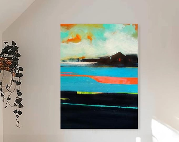 Dungeness with Teal Sea Painting, Black Beach House Canvas 21x26"