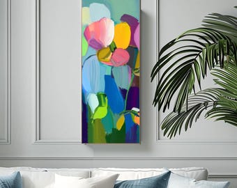 Seafoam Floral Abstract Print:  Narrow Teal Blue Wall Art, Long Textured Canvas, UK artist