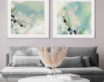 Seafoam Green Set of 2 Art Prints, Soft Abstract Prints, Sage Green Teal, Ecru Interior Design, Wall Decor, UK Artist