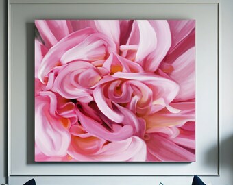 Elegant Dahlia Petals Fine Art Print, Pink Aesthetic Home Decor, Large Flower Canvas Prints, Bright Pink, UK Artist