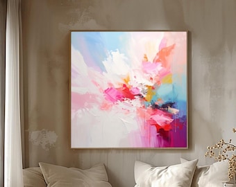 White Abstract Fine Art Print, Large Pastel Blue Wall Art, Bright Pink Interior, Burgundy Wine Accents, UK artist