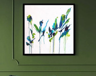 Cyan Blue Flowers Abstract Fine Art Print, Jewel Tone Green Wall Art, Large Floral Canvas Wall Art, UK artist