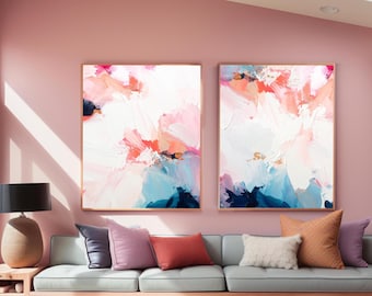 Indigo Blush Set of Abstract Art Prints, Elegant Pink and White Aesthetic, Interior Design, Dark Navy Blue, UK Artist