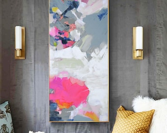 Pink Winter Sky Abstract Print, Narrow Painting, Soft Grey Interior Design, Long Vertical Canvas Wall Art, UK artist