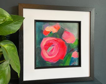 Small Framed Abstract Floral Painting, Contemporary Flower Art, Coral Pink, Sage Green, 13x13"