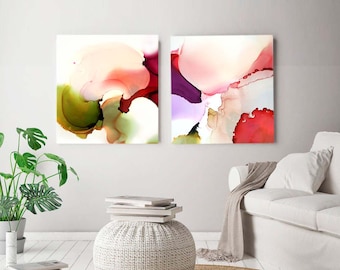 Soft Orchid Petals, Set of 2 Abstract Fine Art Prints, Floral Decor, Olive Green & Pink Interior, Large Canvas Set, UK Artist