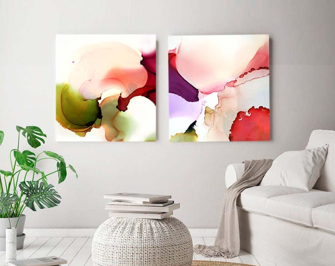 Abstract Floral Art Prints: Olive Green & Coral Pink, Set of 2