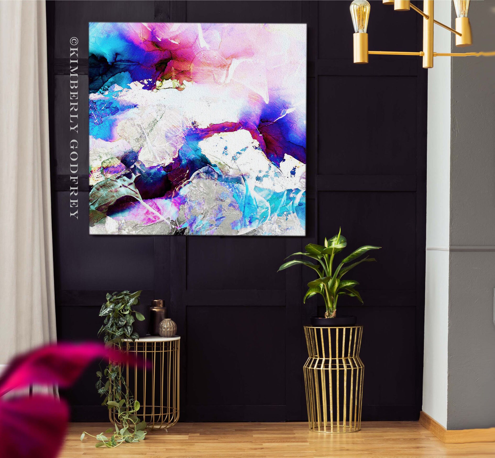 Cobalt Blue Abstract Art Print, Large Embellished Painting, Modern