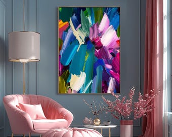 Teal Green Floral Abstract Fine Art Print, Magenta Wine Wall Art, Burgundy Purple Aceents, UK artist