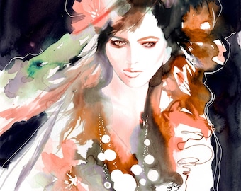 Fashion Illustration Coral Pink Abstract Print: Amber Hair Wall Art Decor