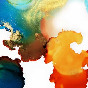 May include: Abstract art painting with blue, green, orange, and red colors. The colors are blended together in a swirling pattern, creating a dynamic and abstract design. The painting is set against a white background.