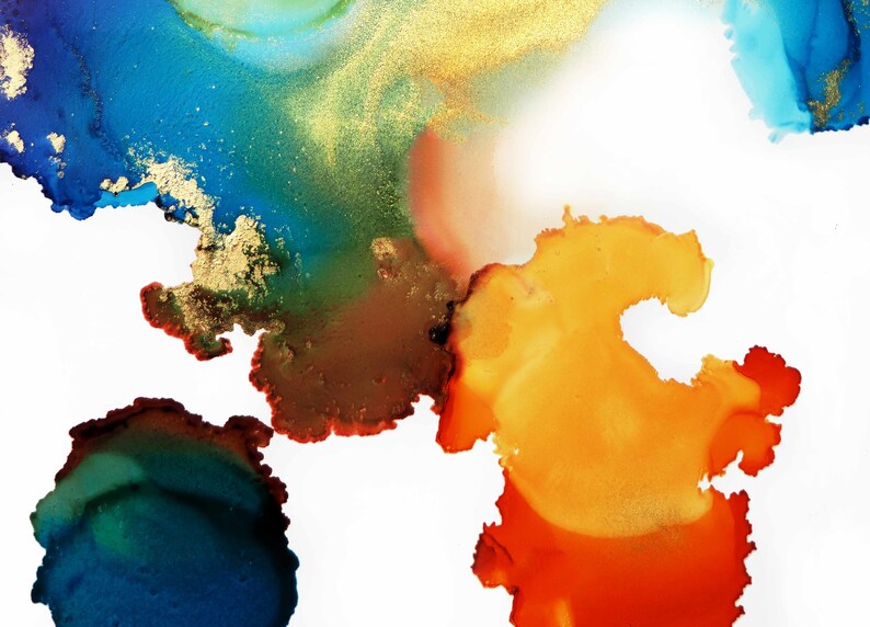 May include: Abstract art painting with blue, green, orange, and red colors. The colors are blended together in a swirling pattern, creating a dynamic and abstract design. The painting is set against a white background.