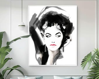 Black Ink Fashion Illustration: Gold Leaf Earrings, Ink Noir Art Print