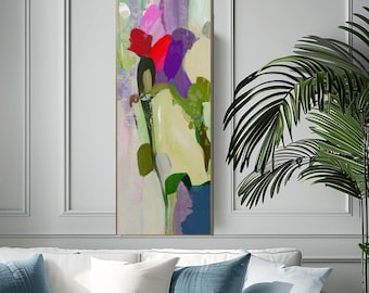 Seafoam Green Floral Abstract Print - Narrow Pink Vertical Wall Art, UK artist