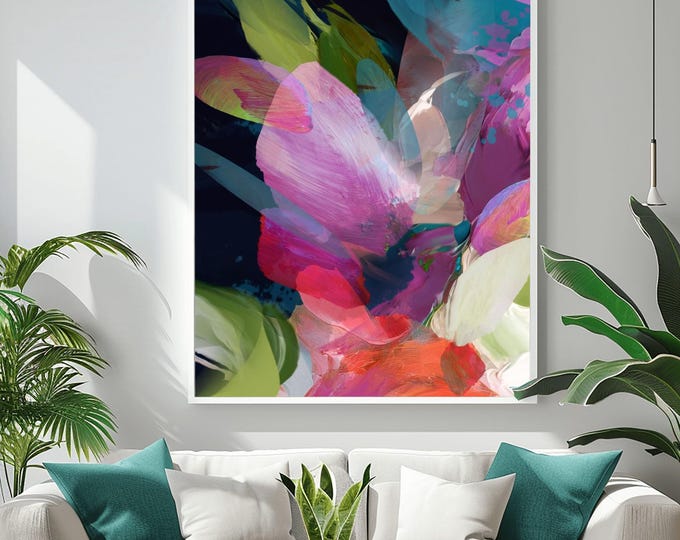 Floral Swing Abstract Fine Art Print, Bright Red Accents, Teal Green Wall Art
