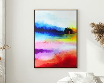 Dungeness Abstract Fine Art Print, Bright Pink Seaside Wall Art, Cobalt Blue, Yellow Accents, Black Beach Hut, UK artist