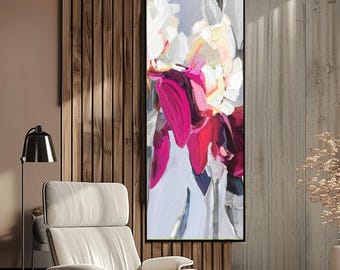 Magenta Flowers Abstract Print: Pastel Grey Iris Long Vertical Wall Art,