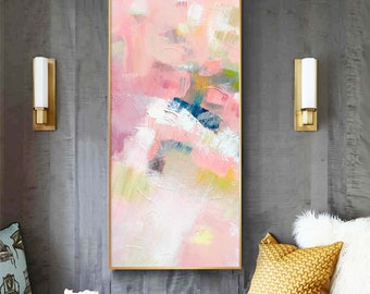 Soft Pink Heather Fine Art Abstract Print, Modern Light Blush Coral Decor, Vertical Canvas Print, Narrow Wall Art UK