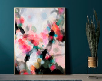Black Sugar Mood Swing Abstract Fine Art Print, Bright Pink Accents, Large Light Green Floral Wall Art, UK Artist
