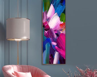 Bright Pink Floral Abstract Fine Art Print, Vertical Teal Blue Canvas Print, Green Narrow Wall Art, UK artist