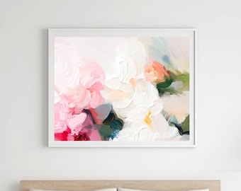 White Blush Rose Abstract Print: Textured Giclée Canvas, Pink & Teal Floral Wall Art