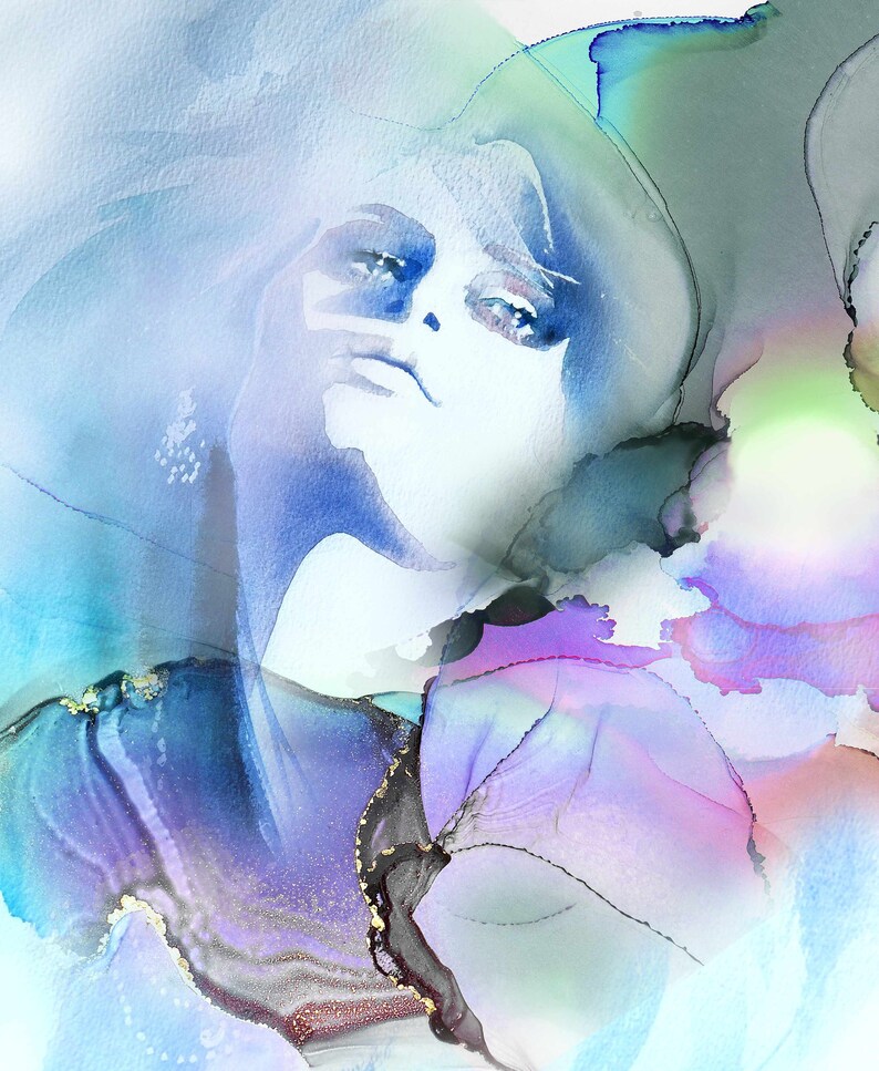 Watercolor Beauty Salon Decor Large Canvas Art Blue Dream Fashion Illustration Soft Grey Aesthetic