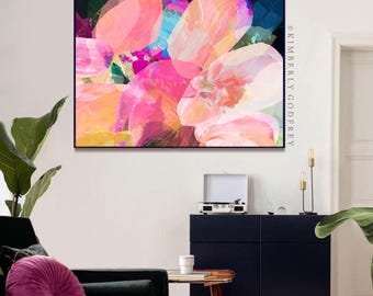 Coral Jewel Abstract Print, Bright Peach Modern Wall Art, Pink Flower Painting, Large Canvas, UK artist
