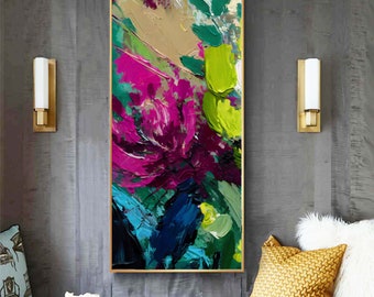 Elegant Magenta Lime Abstract Print, Long Narrow Floral Canvas, Interior Design, Navy Blue Decor, Vertical Wall Art, UK