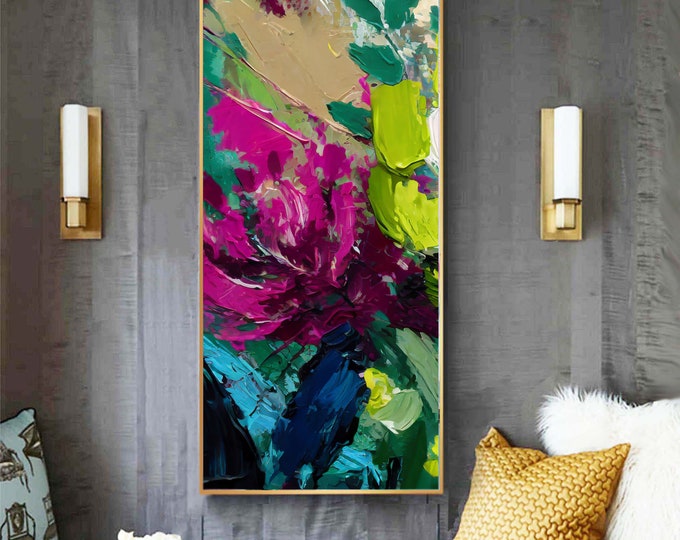 Magenta Lime Abstract Print: Long Narrow Floral Canvas Wall Art, UK