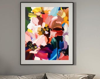 Coral Floral Abstract Print: Cobalt Blue, Bright Yellow, Pink Flower Wall Art