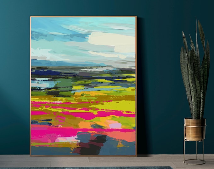 Lime Beach Abstract Art Print, Colorful Landscape, Teal Blue