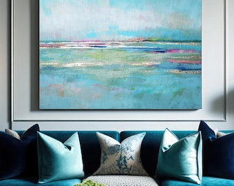 Mint Sky Abstract Fine Art Print Gold leaf, Modern Contemporary Interior Design, Teal Blue Pastel Wall Art, UK artist