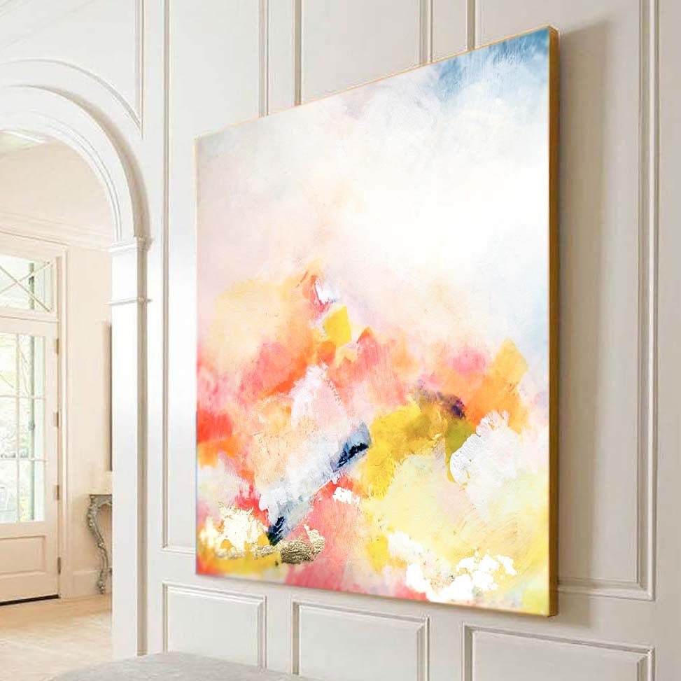 Apricot Blush Abstract Art Print, Large Embellished Canvas, Office