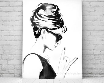B&W Fashion Illustration,  Black and White 1950s Updo Salon Decor, UK Artist