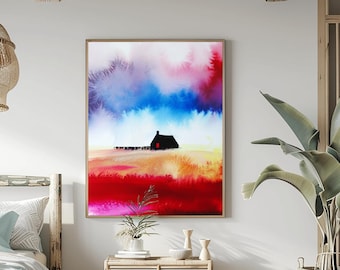 Dungeness Abstract Fine Art Print, Colourful Wall Art, Black House Red Door, Bright Blue Accents, UK artist