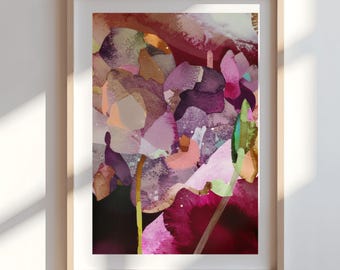 Floral Abstract Art Print: Burgundy Wine Blossoms Wall Decor, Gold Leaf