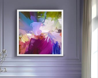 Fuchsia Floral Abstract Fine Art Print, Bright Pink Flower Wall Art, Teal Blue, Olive Green Decor, Pastel Accents, UK artist