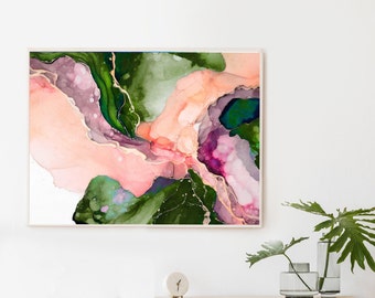 Avo Green and Coral Abstract Art Print, Bright Contemporary Art, Modern Pink Blush Decor, Large Wall Art, UK Artist