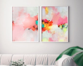 Sale Pink Buttercup Set Abstract Paper Prints, 13x18" Embellished Gold Leaf, Coral, Teal Blue, UK artist