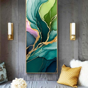 Emerald Gold Abstract Art Print, Pink Accents, Long Narrow Canvas Print, Vertical Teal Green Wall Art, UK artist