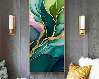 Emerald Gold Abstract Art Print, Pink Accents, Long Narrow Canvas Print, Vertical Teal Green Wall Art, UK artist