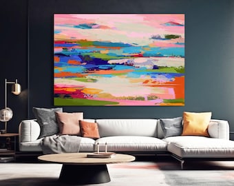 Coral Sky Abstract Print Set, Large Pink Modern Wall Art, Pastel Interior Design, Teal Blue Textured Print, UK artist