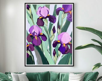 Purple Iris Abstract Art Print: Mint Green Floral Wall Art, Home Decor
