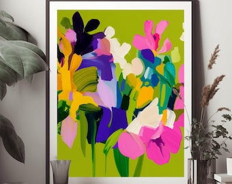 Lime & Hot Pink Abstract Print: Bright Colourful Floral Wall Art, UK Artist