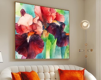 Plum Iris Abstract Fine Art Print,  Bright Red Floral Wall Decor, UK artist